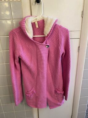 Matilda Jane Pink Hooded Knit Cardigan with Sherpa Trim, Sz. 14